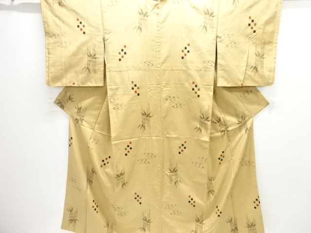 SALE!! JAPANESE KIMONO / ANTIQUE KIMONO / SILK / TSUMUGI / WOVEN STREAM & GEOMETRIC PATTERN & BAMBOO GRASS