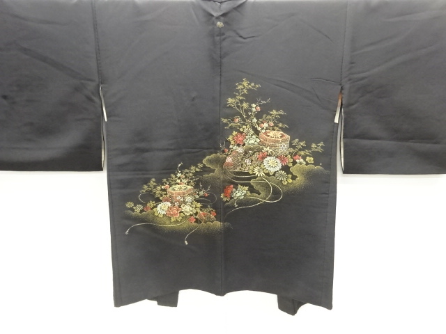 SALE!! JAPANESE KIMONO / HAORI / SILK / WOVEN BUCKET & FLORAL PLANTS / SINGLE CREST