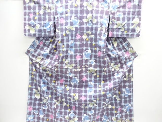 SALE!! JAPANESE KIMONO / YUKATA / COTTON / UNUSED / GRID & FLOWER