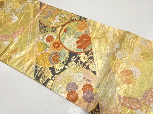 SALE!! JAPANESE FUKURO OBI FOR FURISODE / WOVEN BUTTERFLY &amp; FLOWER ROUNDEL