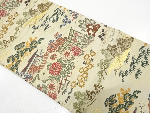 SALE!! JAPANESE KIMONO / ANTIQUE NAGOYA OBI / WOVEN SCENERY OF MANSIONS &amp; CRANES &amp; FLORAL PLANTS