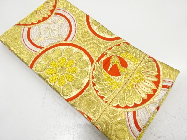 SALE!! JAPANESE KIMONO / ANTIQUE OBI FOR KIDS / WOVEN ROUNDEL CREST & CRANES & FLOWERS