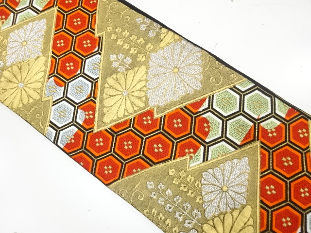 SALE!! JAPANESE KIMONO / ANTIQUE FUKURO OBI / WOVEN KIKU & RHOMBUS