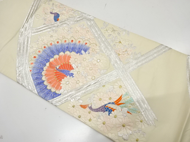SALE!! JAPANESE KIMONO / ANTIQUE FUKURO OBI / SILK / WOVEN PEOCOCK & KIKU & CAMELLIA & 