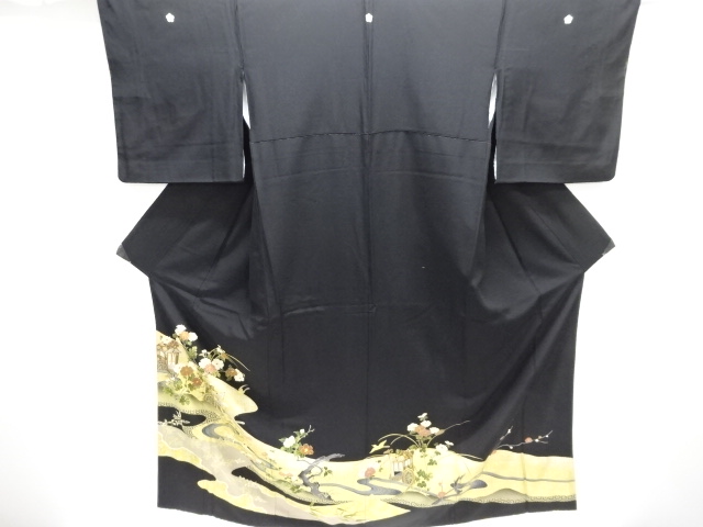 SALE!! JAPANESE KIMONO / TOMESODE / SILK / EMBROIDERY / STREAM & CARRIAGE & KIKU
