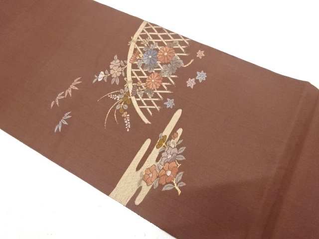 SALE!! Fukuro obi, woven with chrysanthemum, camellia, and bush clover patterns on Koet
