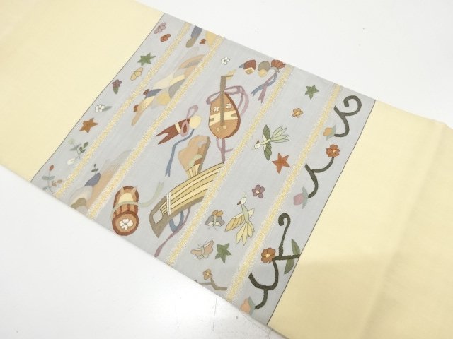 SALE!! JAPANESE FUKURO OBI / WOVEN STRIPE & FLORAL PLANTS