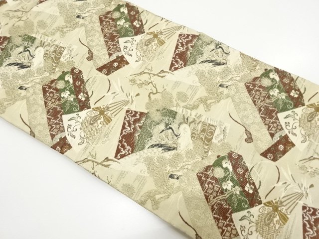 SALE!! JAPANESEKIMONO / ANTIQUE CRANE / FLOWER / CLASSIC PATTERN FAN WOVEN NA