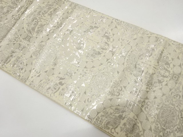 SALE!! JAPANESE KIMONO / ANTIQUE FUKURO OBI / SILK / PLATINUM FOIL / WOVEN SHIKISHI PATTERNMON KINSHA / 