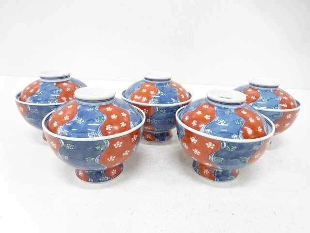 SALE!! JAPANESE PORCELAIN / LIDDED BOWL SET OF 5 / FLOWER / ARTISAN WORK