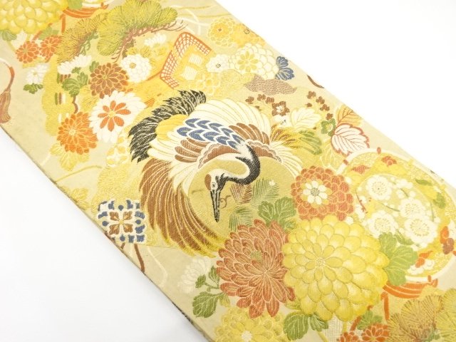 SALE!! JAPANESE KIMONO / ANTIQUE CRANE / GOSHOGURUMA / FLOWER PATTERN WOVEN M