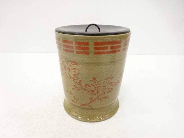 SALE!! JAPANESE COLLECTIBLE / RED-PAINTED FLOWERS / BIRDS WATER JAR