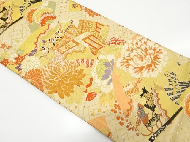SALE!! JAPANESE KIMONO / ANTIQUE MARU OBI / WOVEN- PATTERNS OF A MANSION LAND