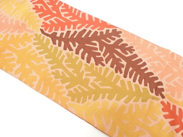 SALE!! JAPANESE KIMONO / ANTIQUE ABSTRACT LEAF PATTERN WOVEN FULL-LENGTH FUKU