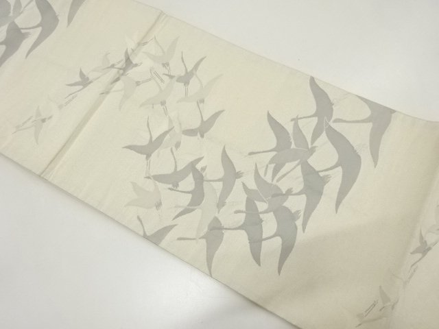 SALE!! JAPANESE KIMONO / ANTIQUE GROUP OF CRANES PATTERN WOVEN FUKURO OBI (MA