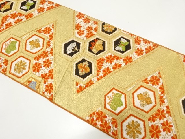 SALE!! JAPANESE KIMONO / ANTIQUE FUKURO OBI (MATERIALS) / WOVEN- FAN / BUTTER