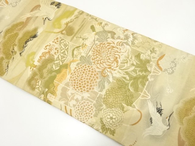 SALE!! JAPANESE KIMONO / ANTIQUE MARU OBI (MATERIALS) / WOVEN- CRANE / CHRYSA