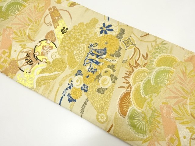 SALE!! JAPANESE KIMONO / ANTIQUE MARU OBI (MATERIALS) / WOVEN- CHRYSANTHEMUM 