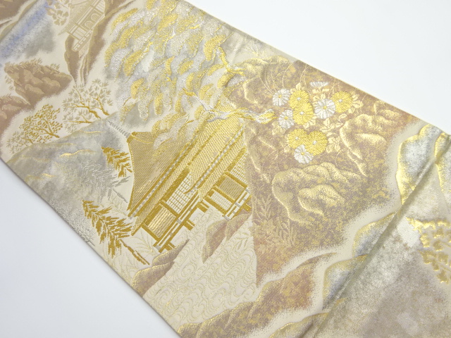 リサイクル　純金三重引24金　寿華芳香　寺院・風景模様織り出し袋帯