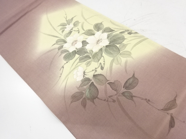 リサイクル　手織り紬手描き椿模様袋帯