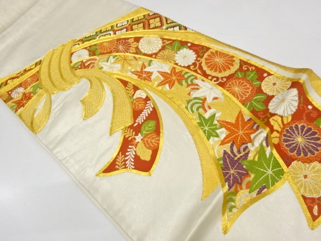 アンティーク　束ね熨斗に菊唐草・紅葉模様刺繍袋帯（材料）