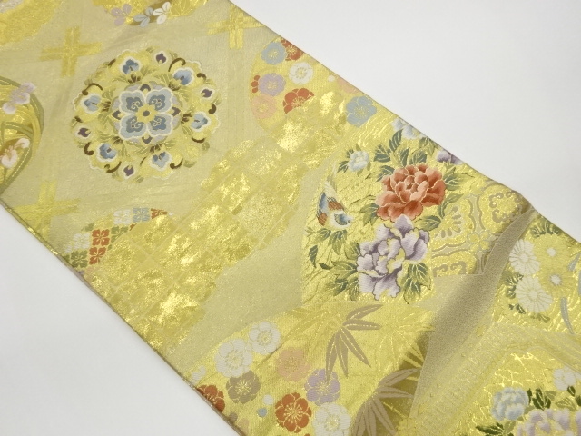 SALE!! Round obi with flower and bird design, ground paper, and woven pattern with a ta