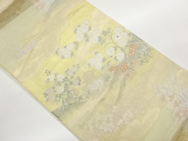 SALE!! JAPANESE KIMONO / BIRD / ROUGH WAVE PATTERN GAUZE AUTUMN GRASS / WOVEN