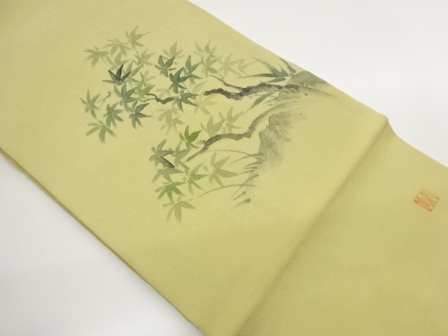 SALE!! JAPANESE KIMONO / CHIRIN FABRIC / HAND-PAINTED TREE / GRASS LEAF PATTE