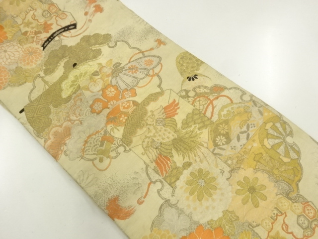 SALE!! JAPANESE KIMONO / ANTIQUE NAGOYA OBI / WOVEN BUCKET & PINE & KIKU
