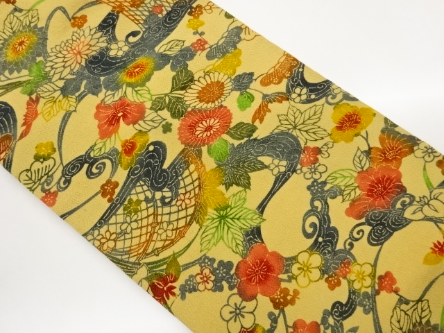 SALE!! JAPANESE KIMONO / NAGOYA OBI / KATAZOME / CHIRIMEN / ROUGH WAVE & PLANT 