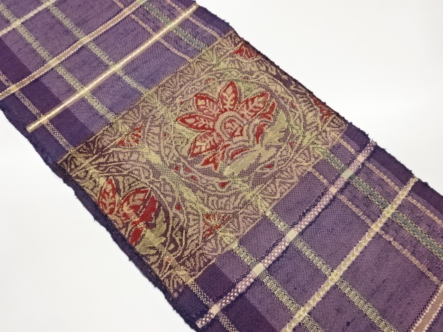 SALE!! JAPANESE KIMONO / NAGOYA OBI / MAWATA TSUMUGI / WOVEN ROUNDEL CREST & PLANT 