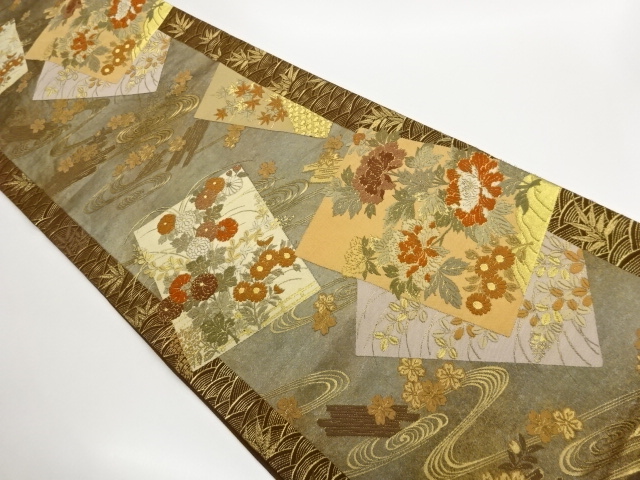 SALE!! JAPANESE KIMONO / FUKURO OBI / HIKIHAKU / WOVEN AUTUMNAL FLOWER 
