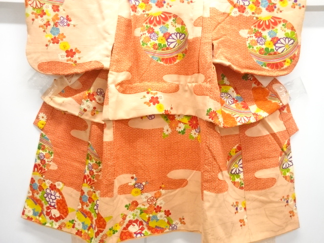 SALE!! JAPANESE KIMONO / ANTIQUE KIMONO /  SILK / MON KINSHA / MARI BALL & FLOWER