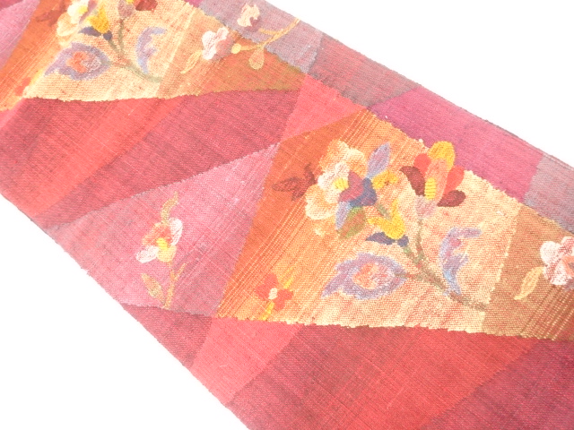 SALE!! JAPANESE KIMONO / NAGOYA OBI / MAWATA TSUMUGI / WOVEN FLOWER & PLANT 