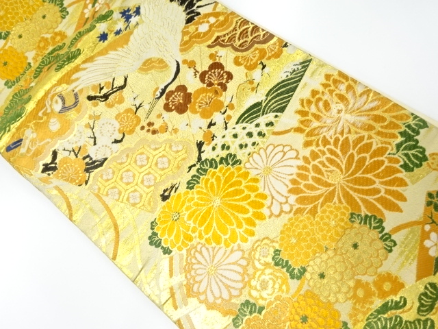 SALE!! JAPANESE KIMONO / ANTIQUE HIRAKI NAGOYA OBI / SILK / WOVEN CRANES & UME & KIKU