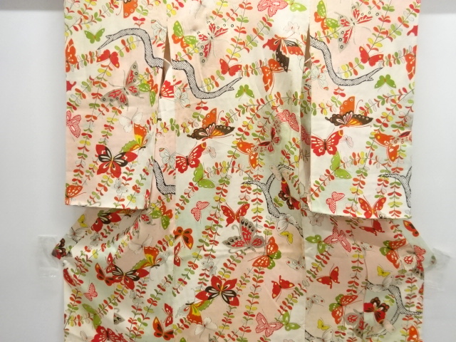 SALE!! JAPANESE KIMONO / ANTIQUE KIMONO / SILK / KINSHA / BUTTERFLY & PLANTS