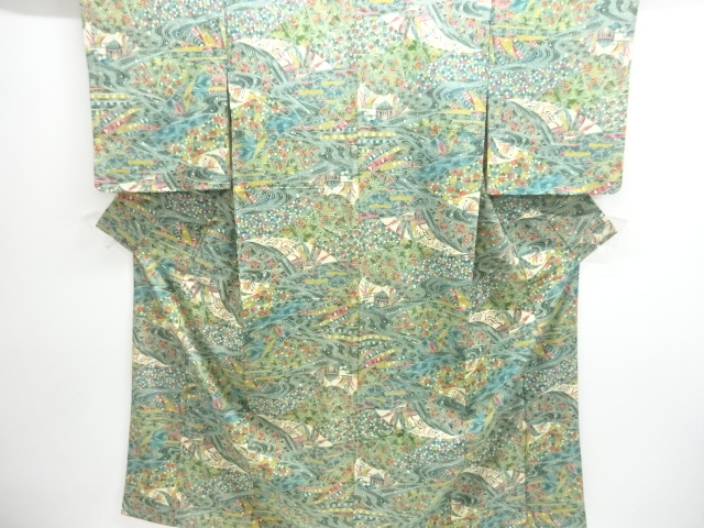 SALE!! JAPANESE KIMONO / ANTIQUE KIMONO / SILK / JODAI TSUMUGI / STREAM & FLORAL PLANTS