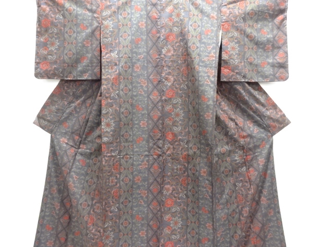 SALE!! JAPANESE KIMONO / DORO OSHIMA TSUMUGI (5 maruki) / WOVEN ARABESQUE FLOWER 