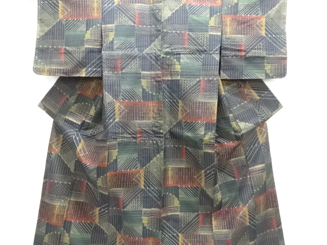 SALE!! JAPANESE KIMONO / UNUSED TOKAMACHI TSUMUGI / WOVEN GEOMETRIC PATTERN 