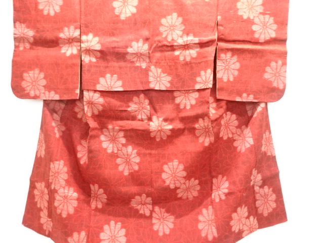 SALE!! JAPANESE KIMONO / ANTIQUE CHRYSANTHEMUM PATTERN WOVEN TSUMUGI KIMONO