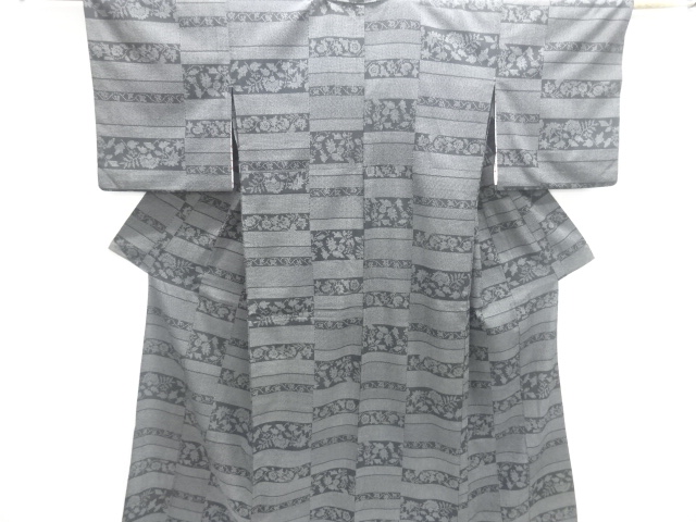 SALE!! JAPANESE KIMONO / ANTIQUE HORIZONTAL-STRIPED FLORAL PATTERN WOVEN- HON