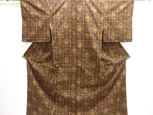 SALE!! JAPANESE KIMONO / TSUMUGI KIMONO / FLORAL PATTERN WOVEN A CHECKERED PA