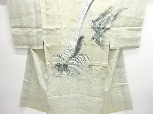JAPANESE KIMONO / ANTIQUE PURE LINEN MENS JUBAN / CARP CLIMBING A WATE