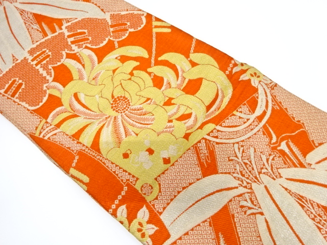 SALE!! JAPANESE KIMONO / ANTIQUE OBI FOR KIDS / WOVEN FOLDING FAN & KIKU & BAMBOO GRASS