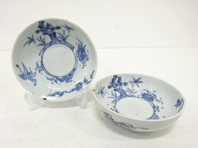 JAPANESE CERAMICS / KOIMARI / NAMASU PLATE / SET OF 2 / BLUE & WHITE / PINE & CRANE