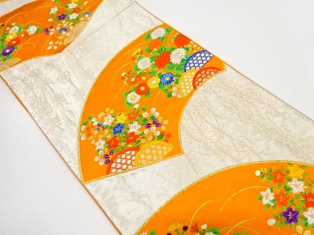 SALE!! JAPANESE KIMONO / ANTIQUE FUKURO OBI / SILK / WOVEN FENCE & FLOWER