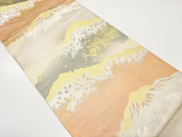 SALE!! JAPANESE KIMONO / ANTIQUE FUKURO OBI / SILK / WOVEN DISTANT MOUNTAIN