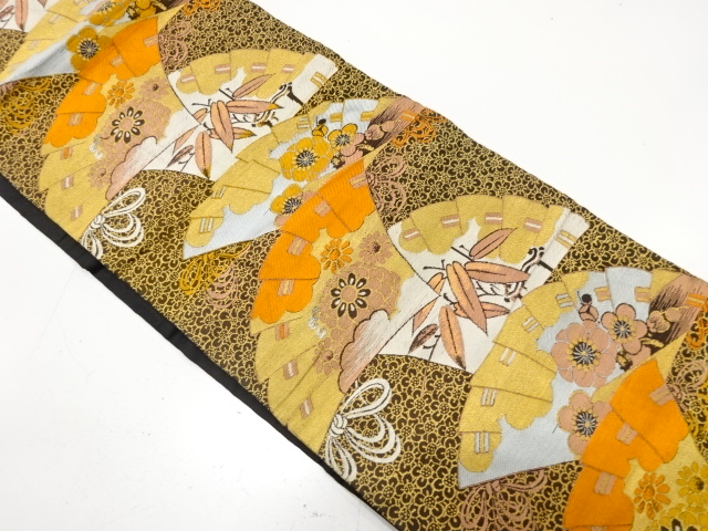 SALE!! JAPANESE KIMONO / ANTIQUE NAGOYA OBI / WOVEN UME & KIKU WITH FAN