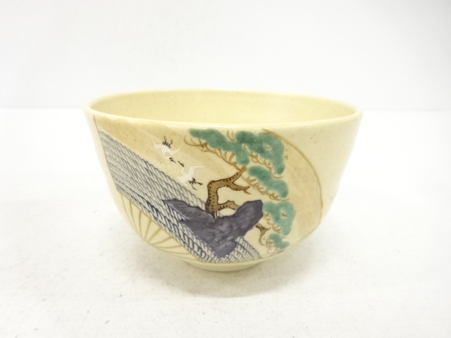 SALE!! JAPANESE TEA CEREMONY / TEA BOWL CHAWAN / KINSAI IROE / FOLDING FAN PATTERN / ARTISAN WORK