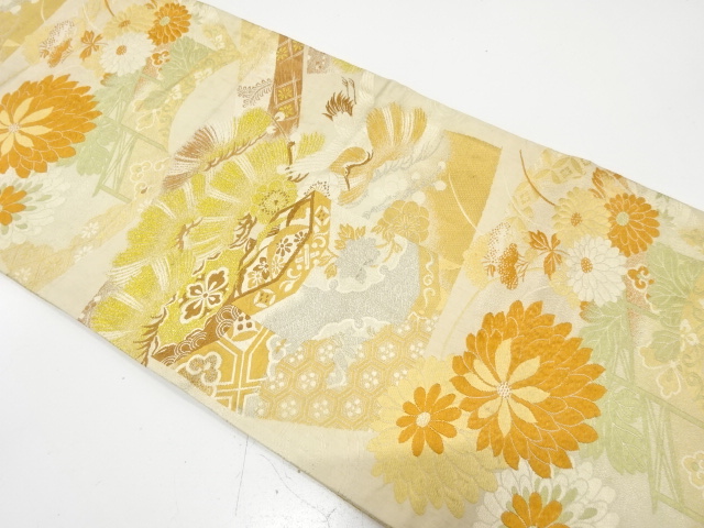 SALE!! JAPANESE KIMONO / ANTIQUE MARU OBI / WOVEN KIKU & CRANE WITH PINE